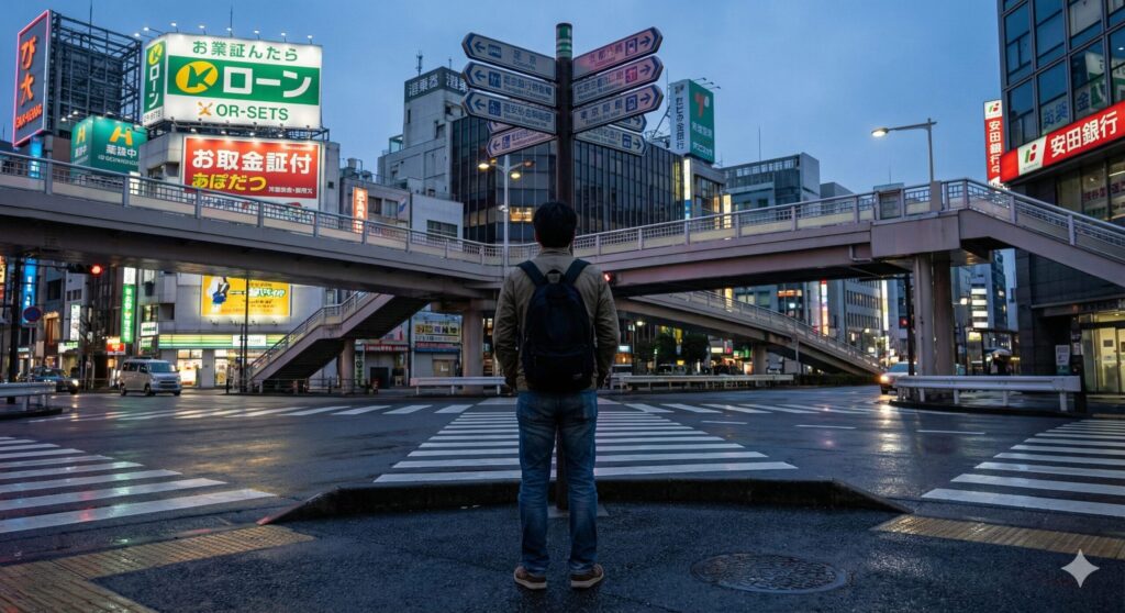 人生の分かれ道をどちらに進むか考えている男性