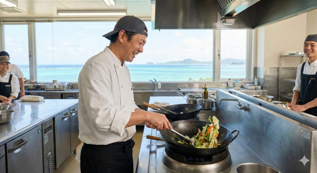 海の見える調理場でリゾバをしている男性