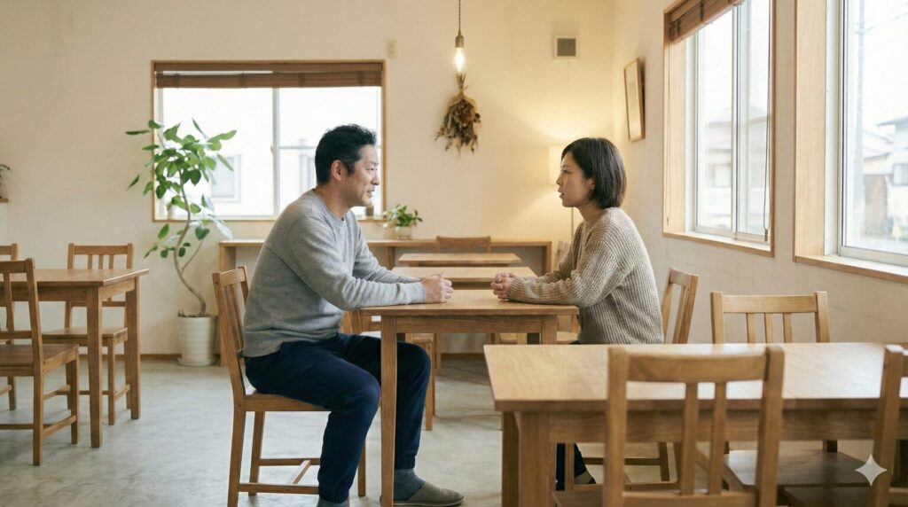 カフェで債務整理について相談しているところ