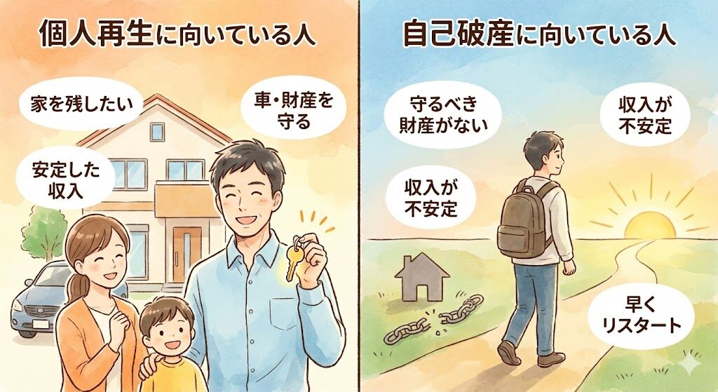 自己破産に向いている人、個人再生に向いている人を表す画像